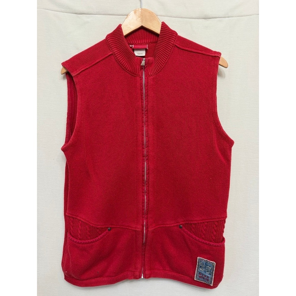 Vintage Blue Willi's Danish Red Cotton Cable Knit Full Zip Vest Large 90s 21121